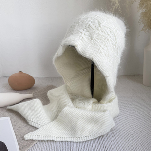 白色兔毛针织帽子女秋冬保暖围巾帽一体围脖双层加厚风雪帽骑车帽