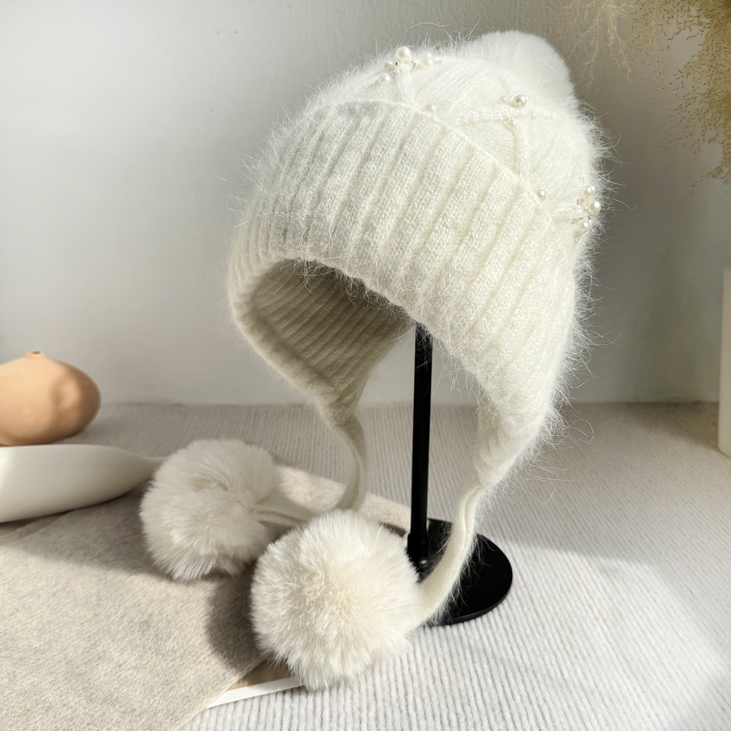 白色针织毛线帽秋冬保暖