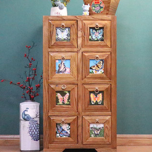 高53宽50深40 老榆木榫卯 床头柜斗柜 镶嵌唐三彩陶瓷板画艺术