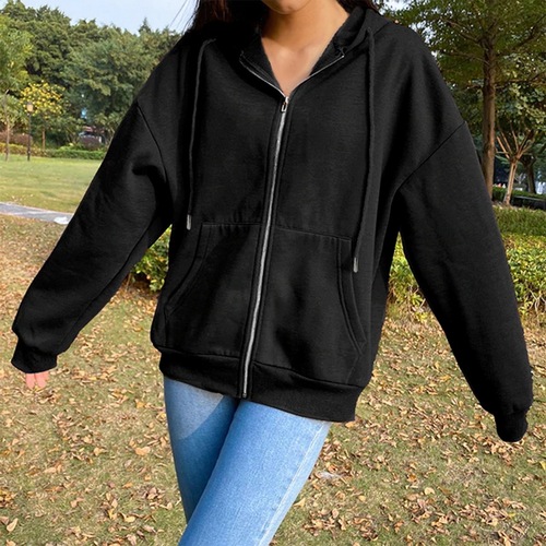 New solid color hooded Plush Sweatshirt long sleeve coat women's street loose zipper top