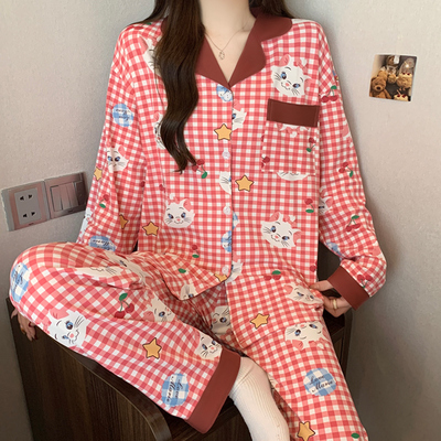 新款甜美少女款纹长袖长裤俩件套开衫柔软舒适休闲风可外穿家居服