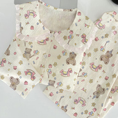 新款 女 甜美少女风娃娃领居家服套装 可爱泰迪熊印花可外穿长袖 长裤