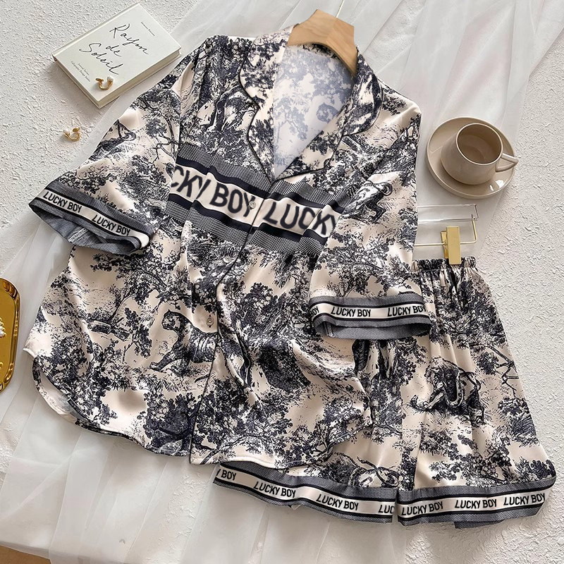 高气质冰丝睡衣女水墨画ins韩版夏季新款短袖短裤家居服套装外穿