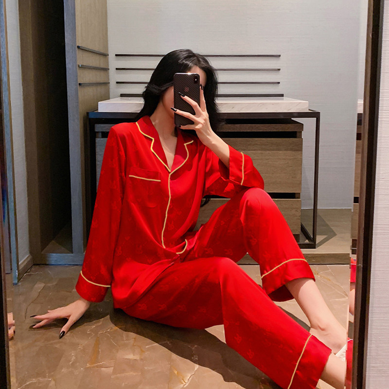 春秋季新款清凉仿真丝简约休闲舒适睡衣女长袖长裤两件套装家居服