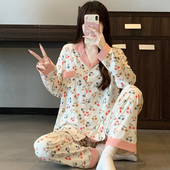 休闲家居服套装 新款 可外穿 长袖 长裤 甜美碎花睡衣女春秋季 翻领开衫