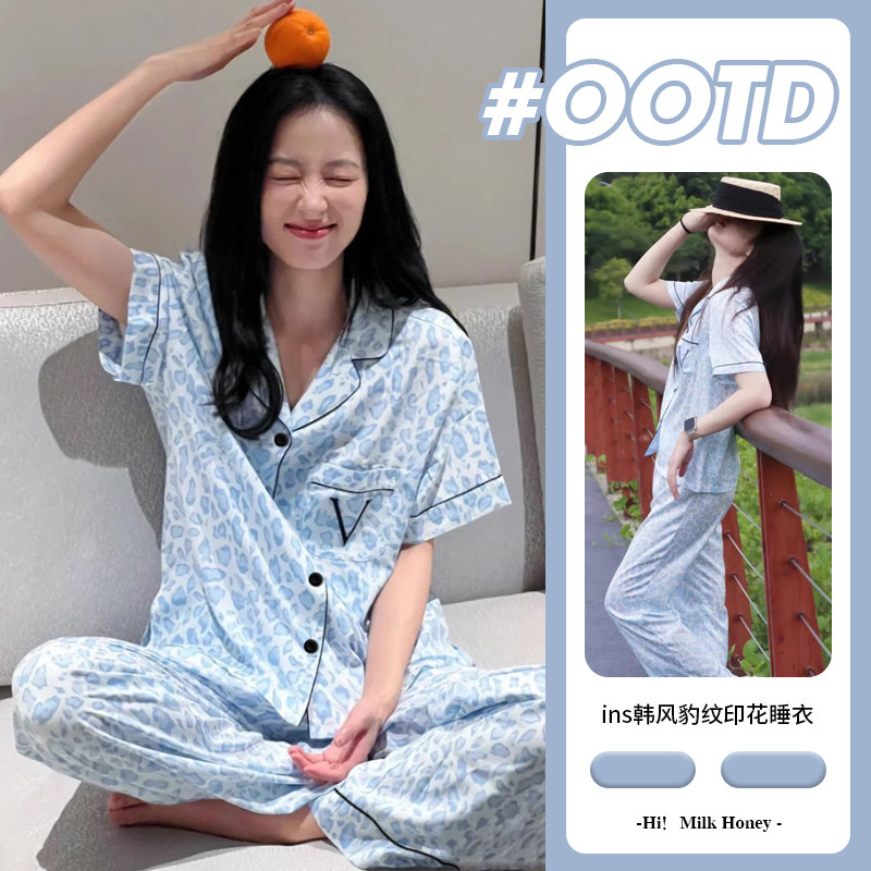 轻奢豹纹ins印花夏季薄款冰丝睡衣女短袖长裤刺绣字母新款家居服