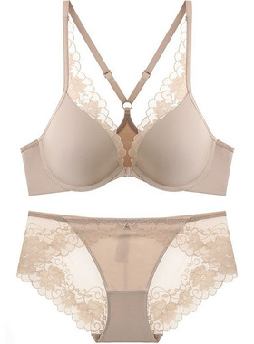 法式薄款丝滑光面蕾丝内衣前扣美背聚拢大胸显小性感温柔文胸套装