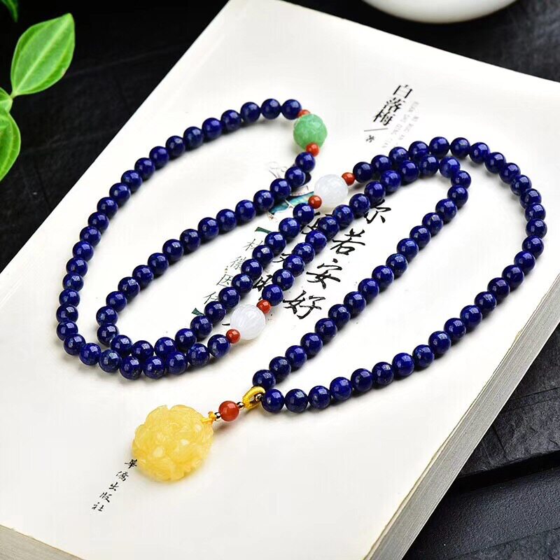 太太的珠宝  青金手链/项链 搭配天然蜜蜡牡丹花吊坠澳洲玉莲花珠