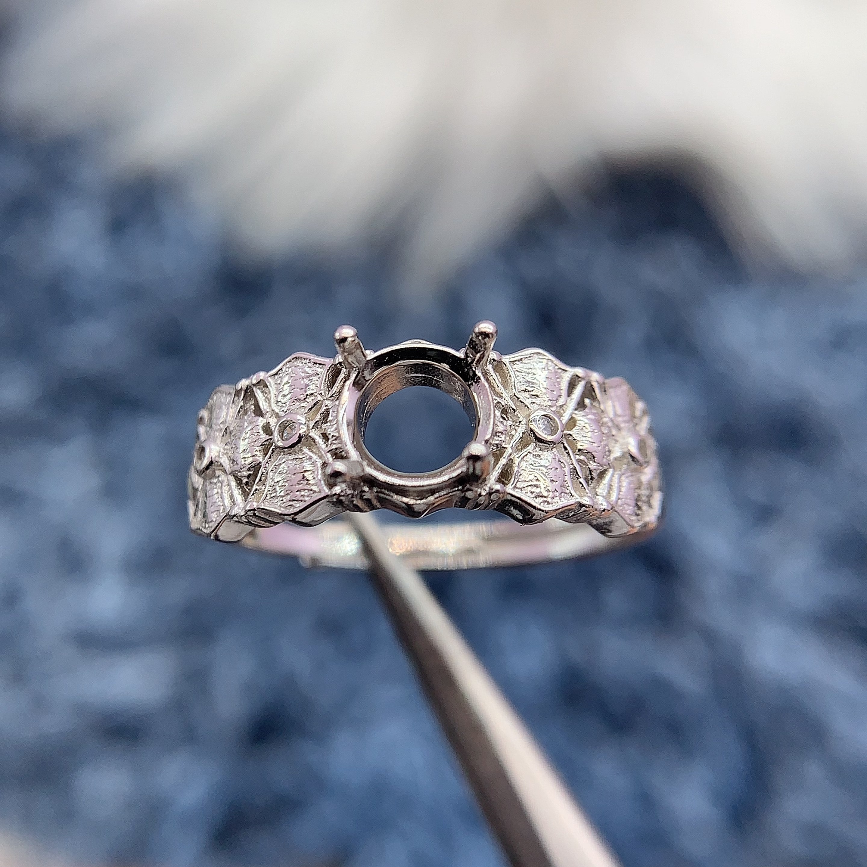 S925纯银戒指空托圆形6*6mm复古戒臂花纹宫廷风红宝石石榴石饰品