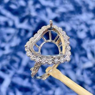 S925银戒指空托心形12*12mm大尺寸爱心开口戒日常百搭水晶翡翠托