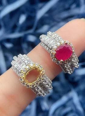 S925银豪华戒指空托椭圆形5*7mm红宝石戒指女胖mm支持定制彩宝戒