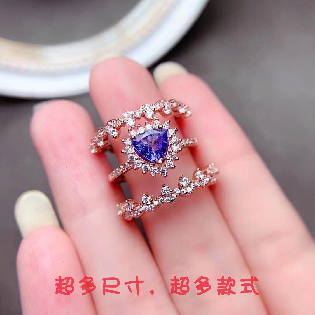 S925纯银叠戒空托三角形6*6mm戒指空托一款多戴戒托黄金玫瑰金色