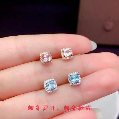 纯银镀18k防过敏方形摩根石耳钉