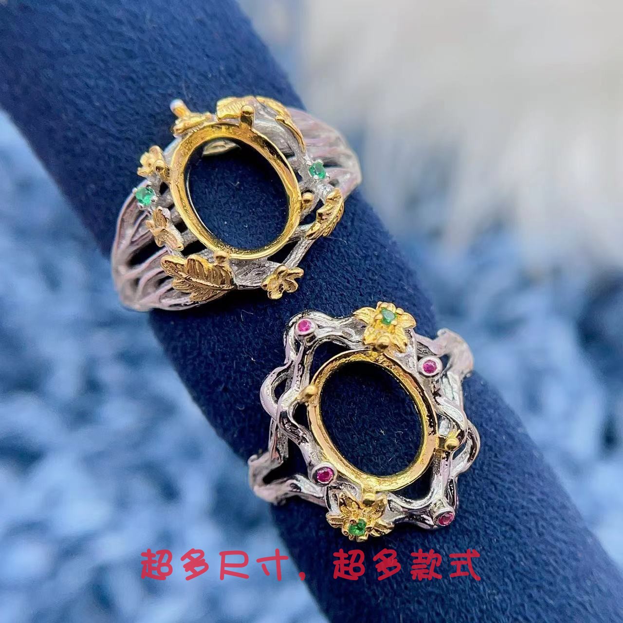 S925纯银戒指空托椭圆形8*10mm复古时尚彩钻戒托彩宝翡翠底托精工
