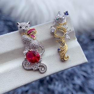 s925纯银吊坠空托椭圆形7 7mm可爱气质猫咪精致河马女 9mm长方形5