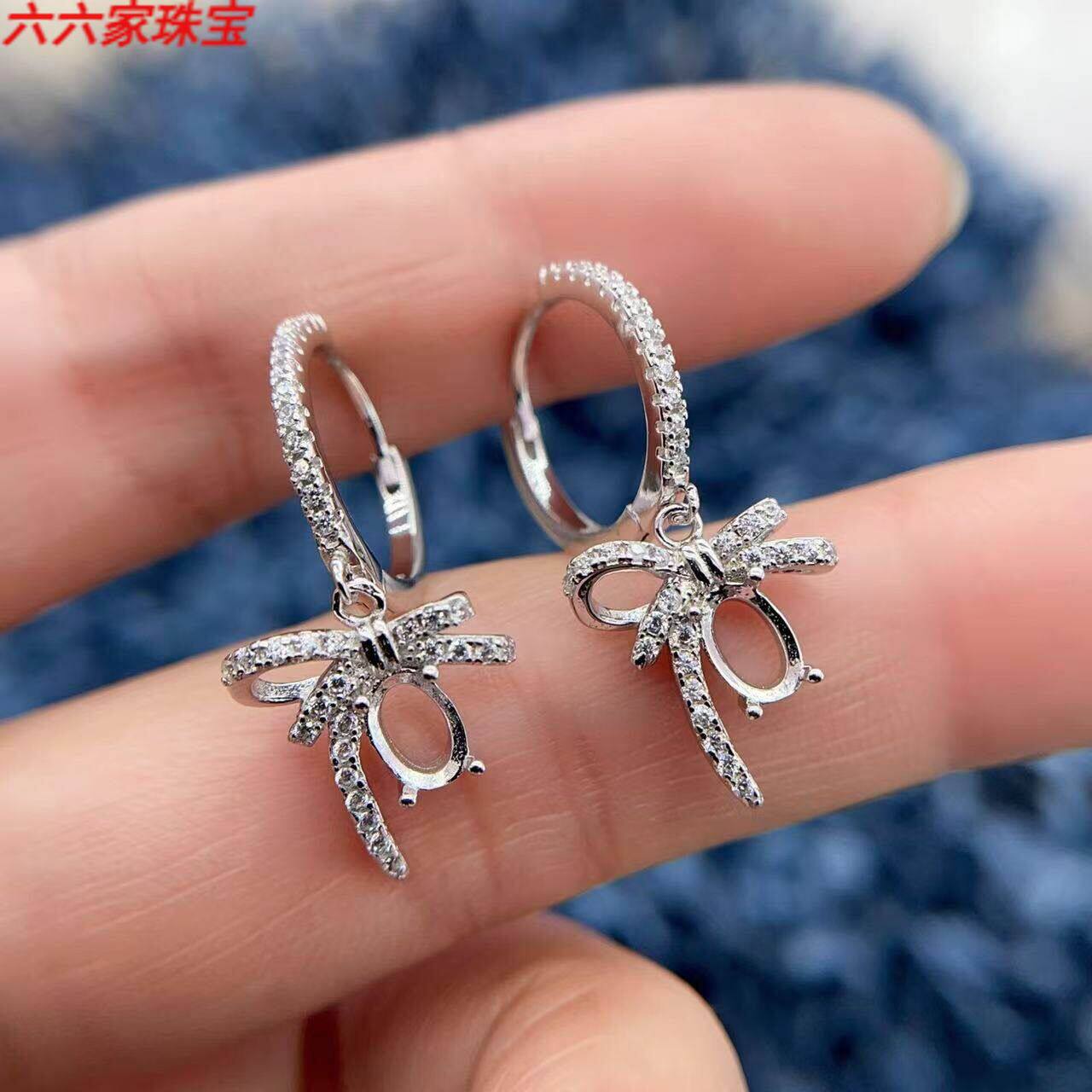 s925银耳扣耳环空托4*6mm银饰品