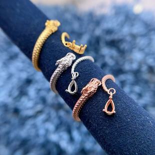 S925纯银戒指空托水滴形4*6mm龙年生肖戒托银饰配件彩宝精工肌理