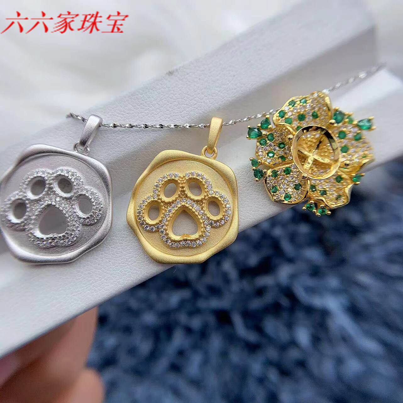 S925银吊坠空托卡通猫爪立体花朵