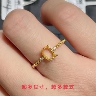 新款 7mm开口S925银镀金手工DIY彩色宝石翡翠银托 戒指空托椭圆形5