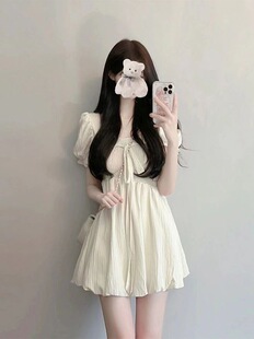 2023年夏季新款法式白色连衣裙女小个子气质系带收腰显瘦仙女裙子