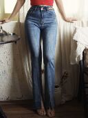 设计感开叉长裤 风花月 显瘦显高显腿长显腿直微喇牛仔裤 型超好 版