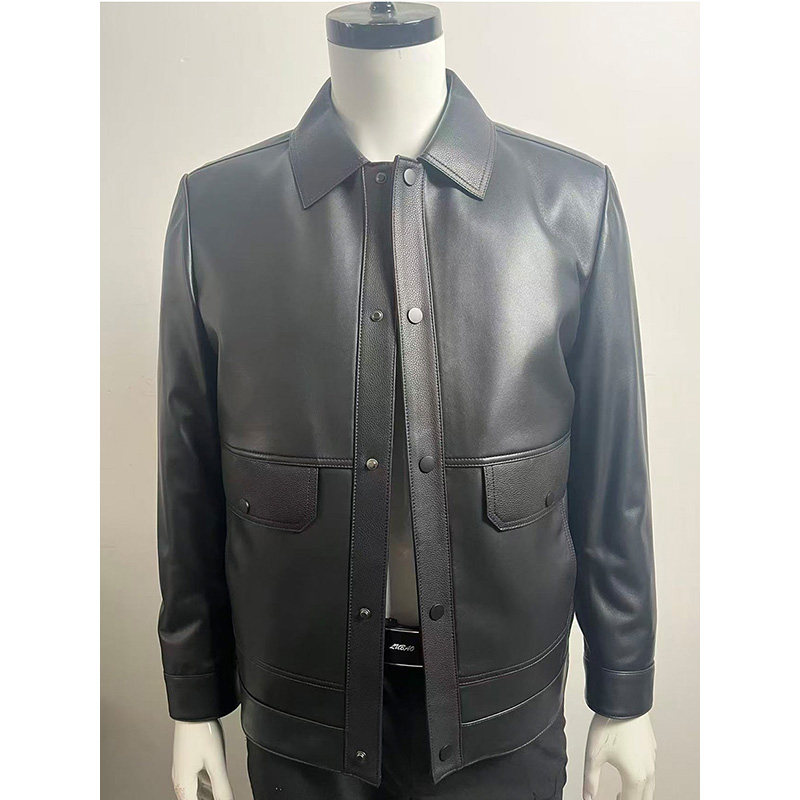 新款黑色翻领皮衣男短款真皮夹克羽绒服优质绵羊皮品牌同款厚外套