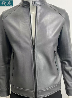 特制高级灰色百分百头层小山羊皮真皮男装时尚帅气短款立领皮夹克
