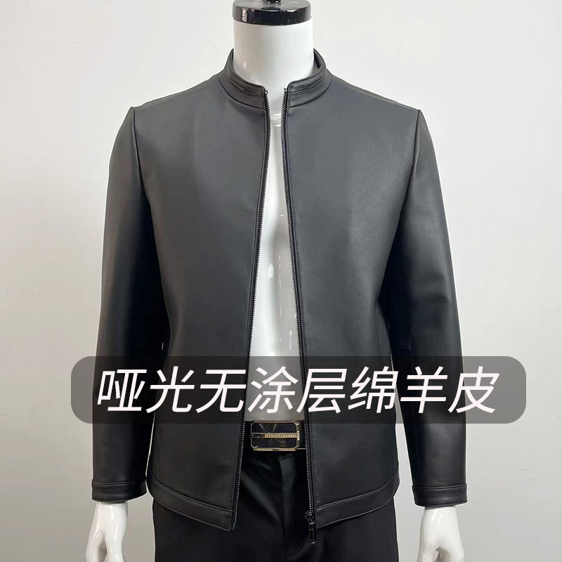 无涂层哑光绵羊皮立领真皮皮衣