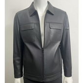 陆堡高端品质百分百小牛皮总裁同款 商务休闲黑色翻领皮夹克春秋款