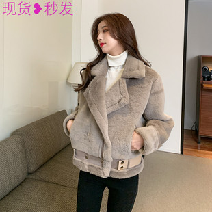 仿水貂绒机车服2022秋冬季 宽松羊羔毛短外套女bf加厚百搭棉服 新款