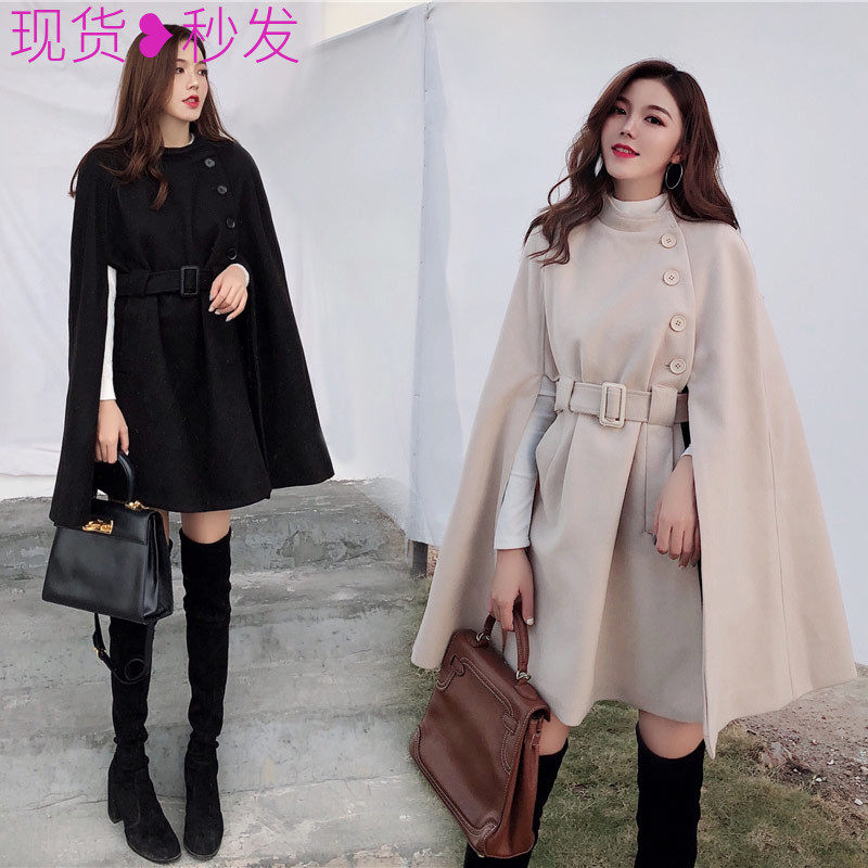 2022新款女装中长款披风流行赫本大衣加厚加棉毛呢斗篷外套女秋冬