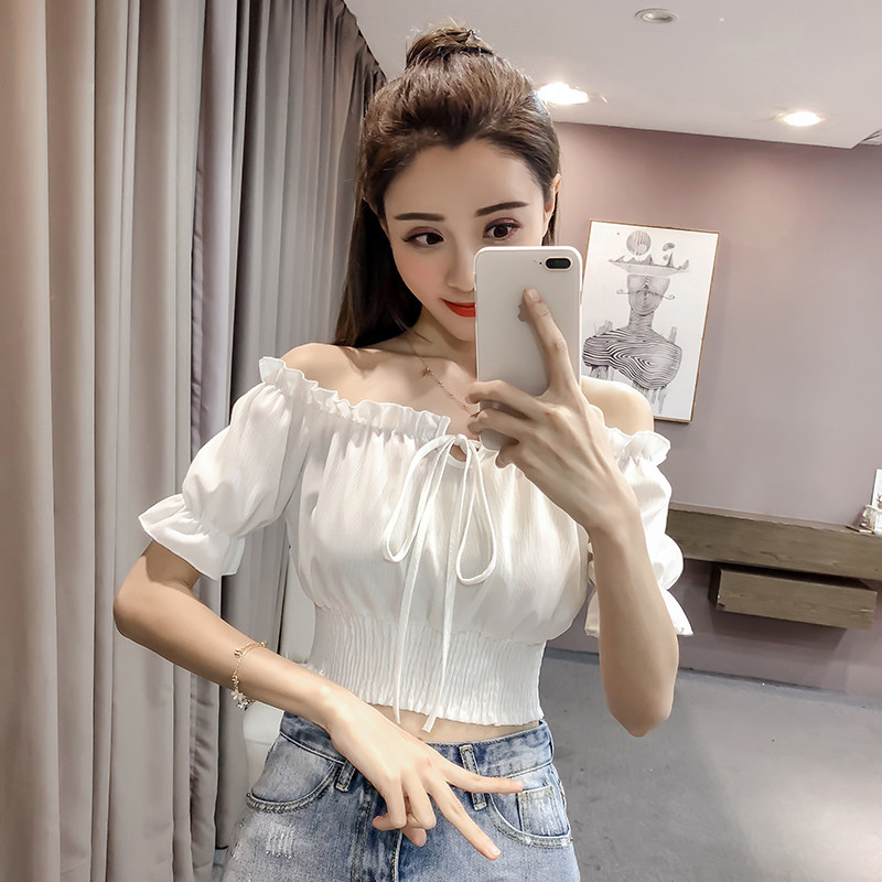 短款雪纺短装女夏露脐漏两肩上衣一字肩性感高腰肚脐衣服锁骨宽松