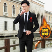 套装 职业西服正装 男士 加绒加厚黑色西装 韩版 修身 休闲新郎结婚西装