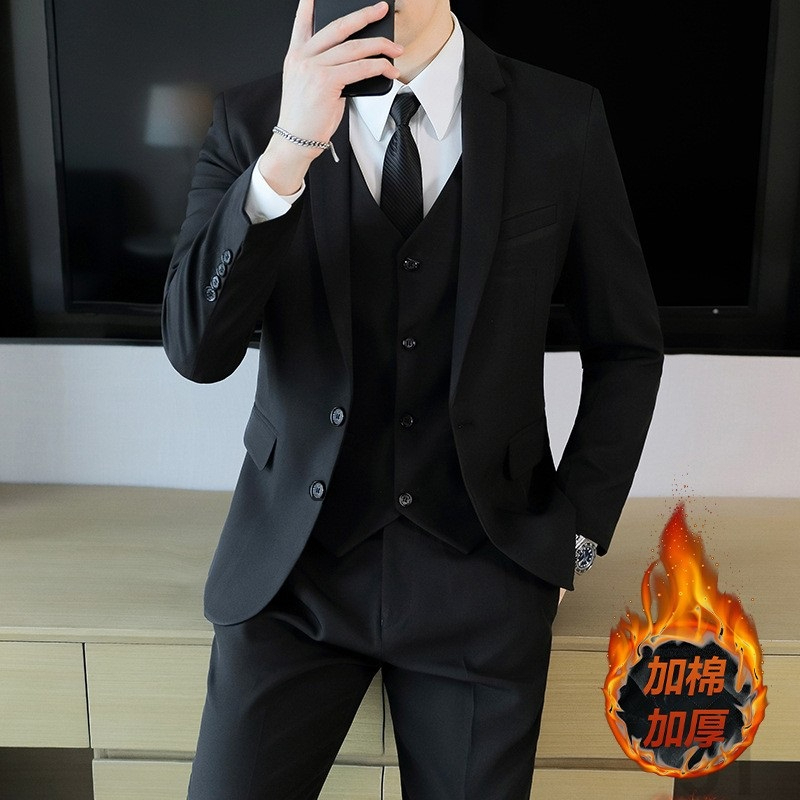 黑色加绒加厚西服外套男士秋冬