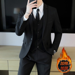 套装 黑色加绒加厚西服外套男士 职业西装 商务正装 结婚礼服 秋冬修身