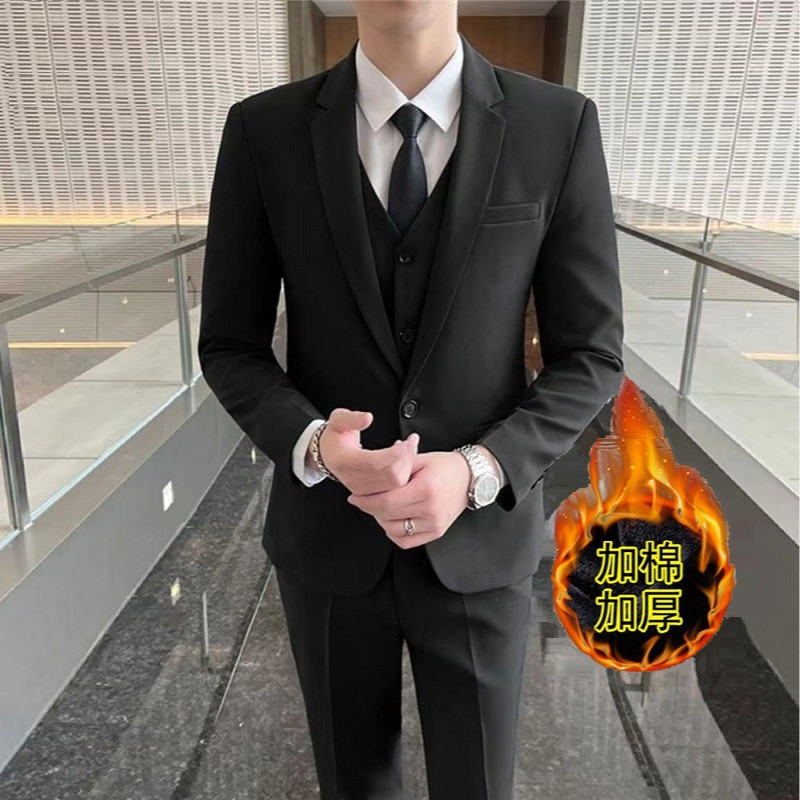 加绒加厚西服套装男正装结婚男士修身商务正装职业西装外套秋冬季