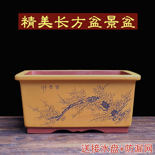 宜兴紫砂花盆长方盆景盆梅花罗汉松黄杨老桩盆精品马槽多肉盆景盆