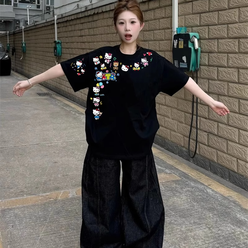 kitty猫涂鸦黑色短袖t恤女夏2025新款设计感小众宽松半袖可爱上衣