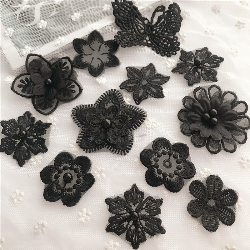 包邮黑色欧根纱立体钉珠立体花朵DIY手工服装辅料贴花蕾丝花边