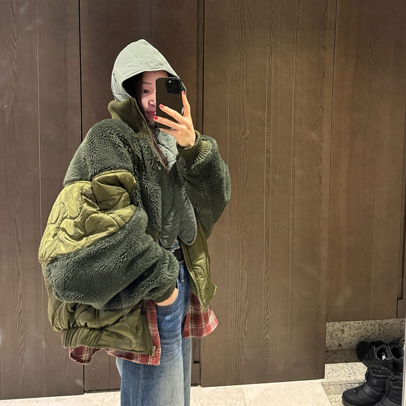 东大门ins冬装韩版风重工羊羔毛拼接棉服保暖棉衣厚外套棉衣/棉服