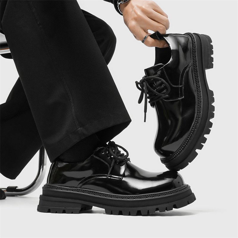 2025新款男士黑色亮面大头德比鞋