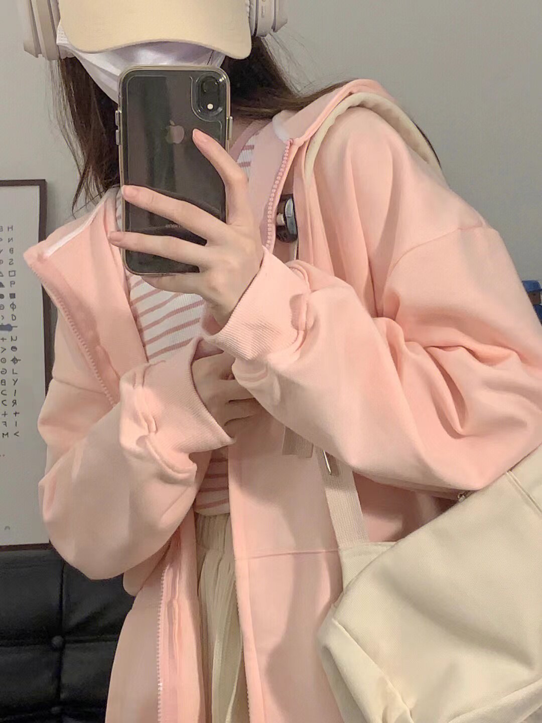 春秋2024薄款开衫拉链卫衣女粉色纯棉外套宽松休闲小个子百搭连帽