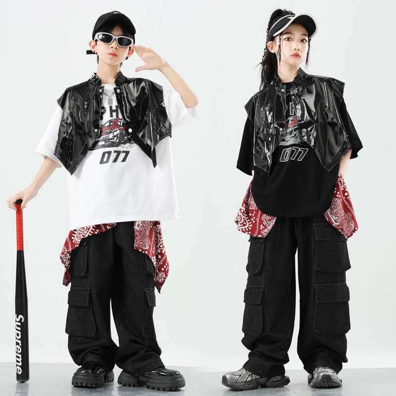 儿童街舞潮服男童嘻哈hiphop机车皮马甲套装女童爵士舞走秀演出服