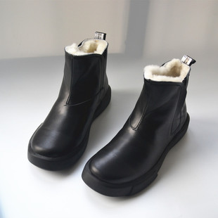 真皮纯羊毛白女短靴外贸出口休闲简约加绒皮毛一体圆头平底大棉鞋