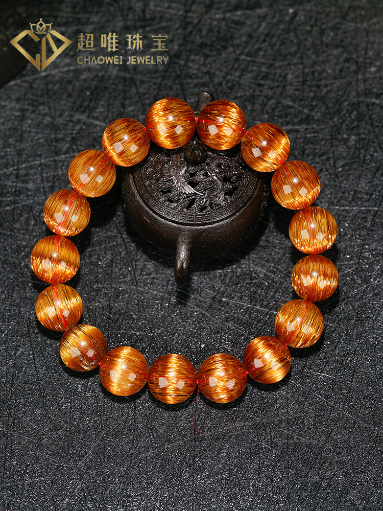 超唯珠宝巴西老矿顺发板状猫眼铜发晶手串收藏级财富天然水晶手链