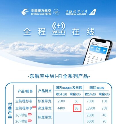 秒发货 东航机上Wifi  国内港澳台加日韩极速88元版单次密钥