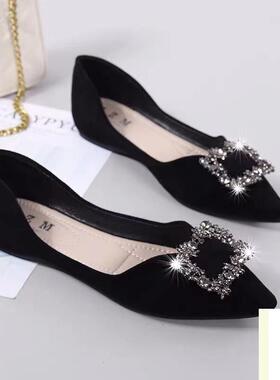 尖头平底单鞋女2024春秋季新款水钻四季黑色职业软底大码工作鞋子