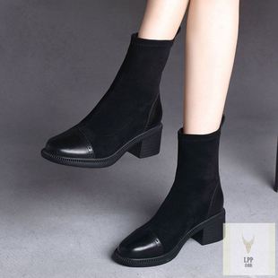 弹力靴女瘦瘦靴英伦风马丁靴新款磨砂短靴粗跟中跟女中筒加绒