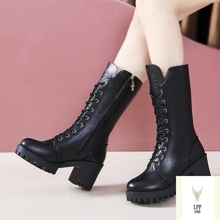 清仓粗跟马丁靴女中筒靴女2025年秋冬英伦风女鞋百搭网红女靴