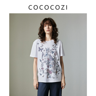 女 COCOCOZI2025春夏简约轻奢气质高级感纯棉百小众印花T恤短袖